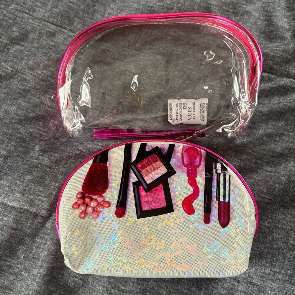 Holographic Makeup Bag Set with Pink Trim